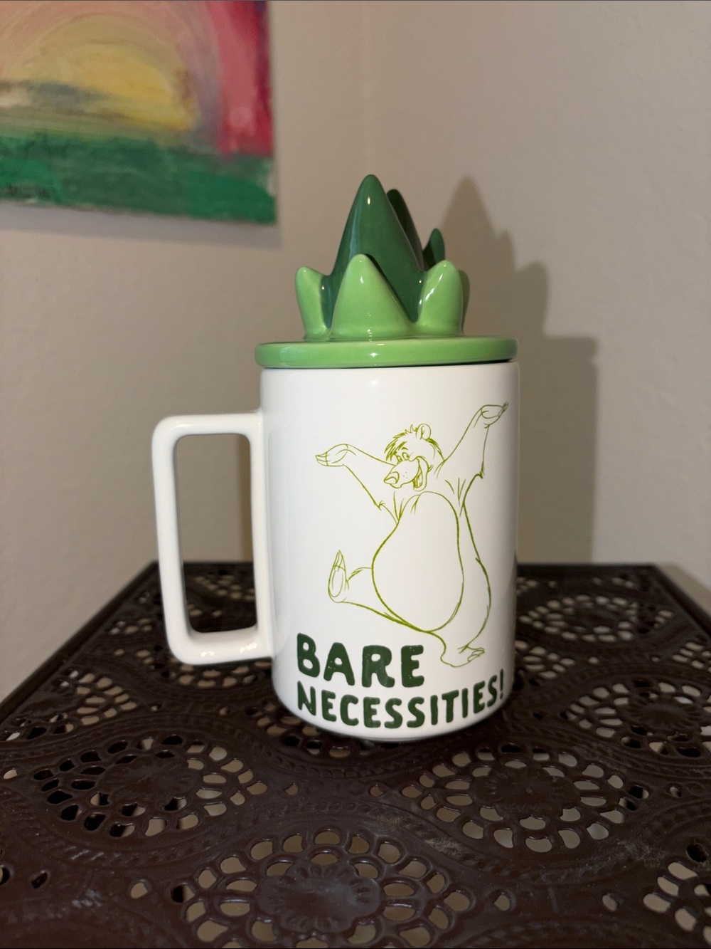 Disney Jungle Book “Bare Necessities” White Ceramic Mug with Green Crown Lid